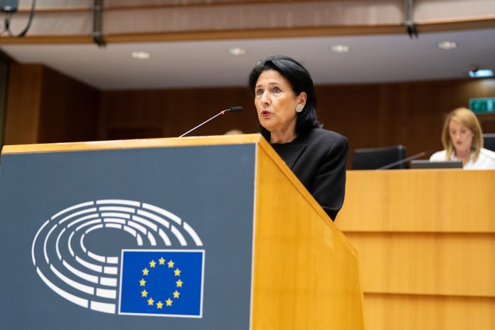 Georgian President Salome Zourabichvili addressing the European Parliament in Brussels. Photo Credit: European Parliament