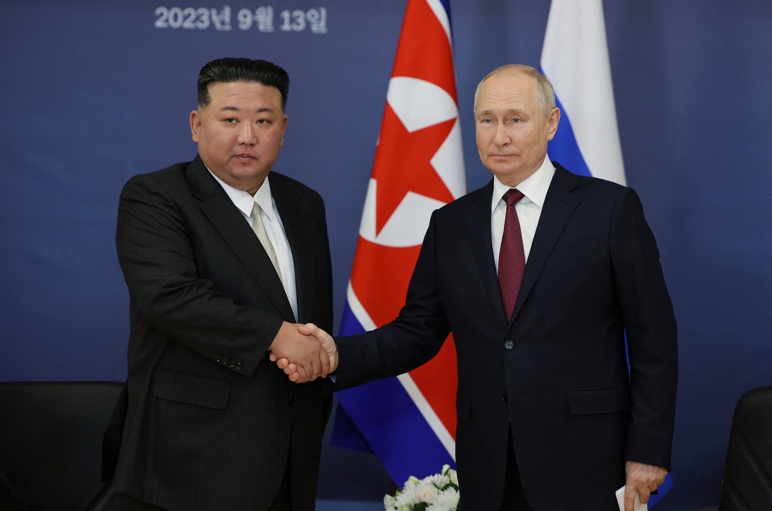 In his opening remarks, Putin welcomed Kim to Russia and said he was glad to see him, saying the talks would cover economic cooperation, humanitarian issues and the 'situation in the region'. [Sputnik/Vladimir Smirnov/Reuters]
