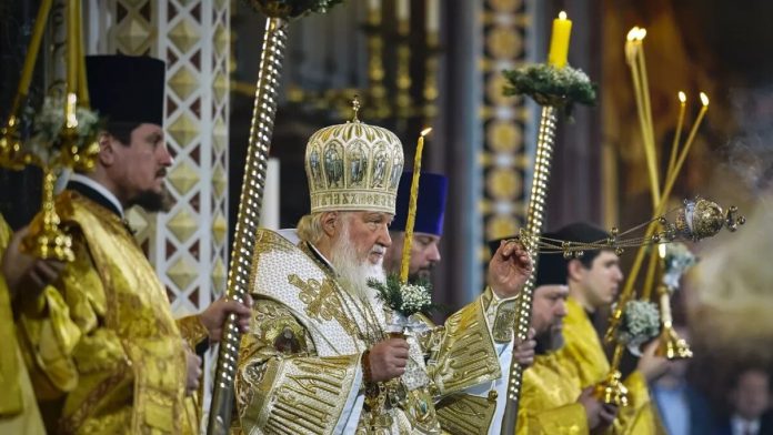 Russian Orthodox Patriarch Kirill, center, delivers the Christmas service in the Christ the Saviour Cathedral in Moscow, 2024.